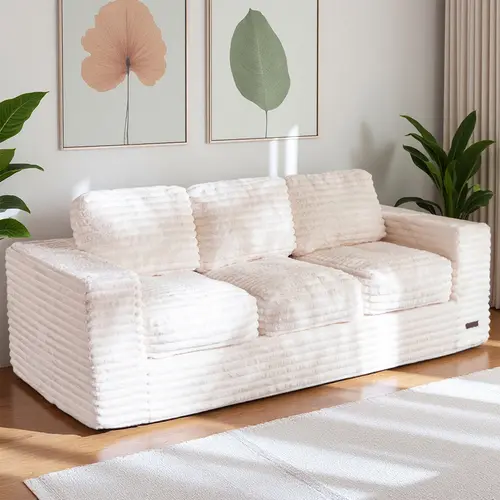 summervibe MAXYOYO 3-Seater Boneless Sofa Couch in a Box, Modern Faux Fur Sofa for Living Room, Soft High-Density Foam Couch with Pillows, Fluffy & Supportive Chair Lounge, No Assembly Required