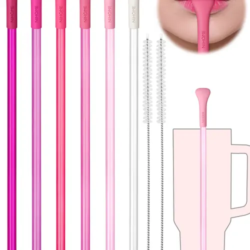 NiHome 6PCS BPA-Free Reusable Anti-Wrinkle Plastic Straw Set with Silicone Widen Flat Tip, 2 Cleaning Brushes, Fits 30 oz 40 oz Tumblers, Kitchenware Bar Utensils