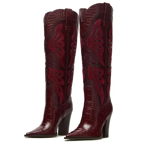 EROCALLI Women's Butterfly Embroidery Womens Cowboy Boots Vintage Chunky Heel Wide Knee High Boots Pointed Toe Pull on Western Shoes summerwins,sohochic