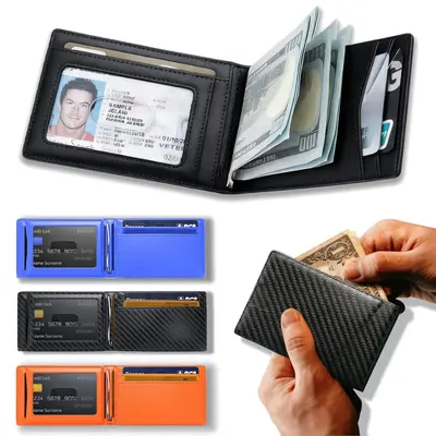 Men's Chic Slim Fit Carbon Fiber RFID Blocking Wallet - Ultra-Thin, Fold-Flat, Front Pocket, Portable, Coin Pocket, Light Luxury Business Minimalist, Everyday Carry Card Holder, Accessory, Gift Option