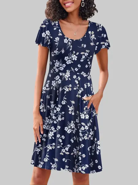 Women's Casual Floral Summer Dress with Ruffle Sleeves Crewneck Flowy Swing Mini Dress with Pockets Bohemian Style Shortsleeve Womenswear