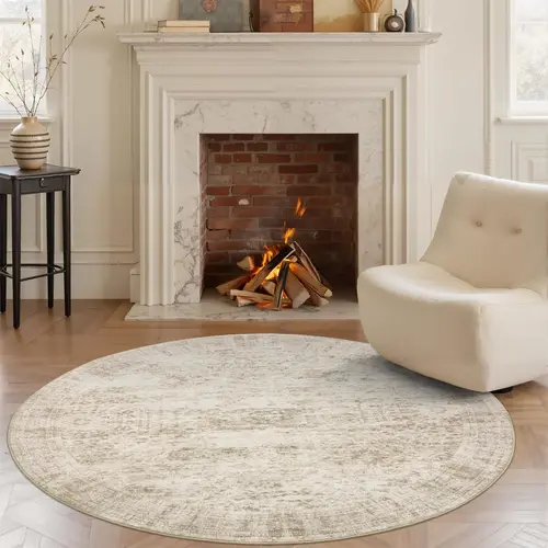 Art&Tuft 8x8 Beige Round Rug 6ft Living Room Rug Vintage Round Area Rug Non Slip Indoor Carpet for Dining Room Bedroom