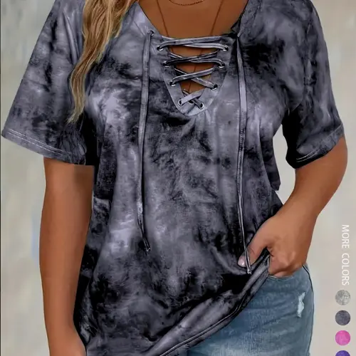 Women's Plus Size Tie Front V-Neck T-Shirt, Casual Stylish Tee, Casual Pattern Fitted Top, Comfortable Stretch Fabric Womenswear, Perfect for Daily Wear & Gifts, Everyday, Casual Streetwear Top, Casual Tee Shirts