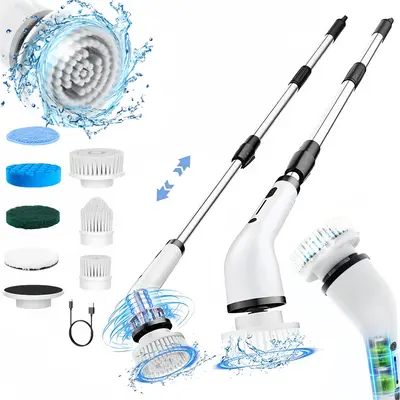 Cordless Electric Spin Scrubber - Household Items Room Gadgets Tools and Gadgets with 8 Replaceable Brush Heads, 3-Length Extendable Handle, Dual Speed, IPX7 Waterproof LED Display, USB-C, for Bathroom Bathtub Cleaning, Kitchen, Wireless,sohochic
