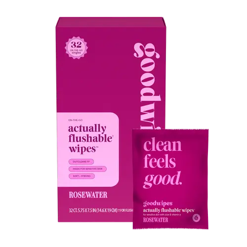 goodwipes Rosewater Flushable Wipes - Individually Wrapped Butt Wipe for On-the-Go Adults - Portable Mini Wipes - Travel Essentials - Sewer & Septic Safe- 2 pack of 32ct