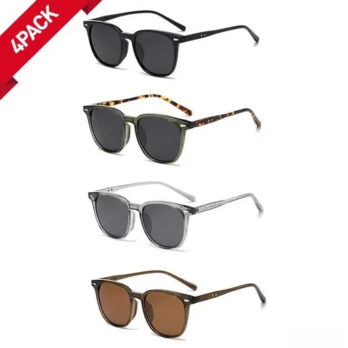 Unisex 4-Pack Square Polarized Sunglasses with Resin Lenses, Ultra-Light Full Rim Eye Fashion Accessories, UV Protection, Face-Enhancing Daily Shades Look for Women, Natural Colors for Outdoor Everyday Use
