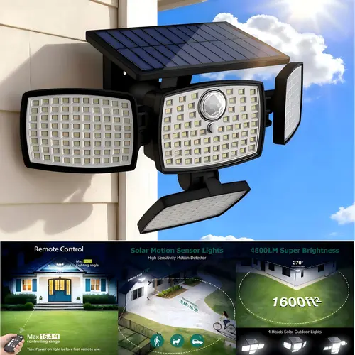 Hoodink Solar Outdoor Wall Light - 4500LM Flood Beam, 306LED 4-Heads Motion Sensor, Remote Control, 270°Wide Angle, IP65 Waterproof, Easy Install, 3 Modes, Solar No Wiring, Adjustable Flood & Spot Lighting, Outdoor Lighting Solutions for Backyard,sohochic