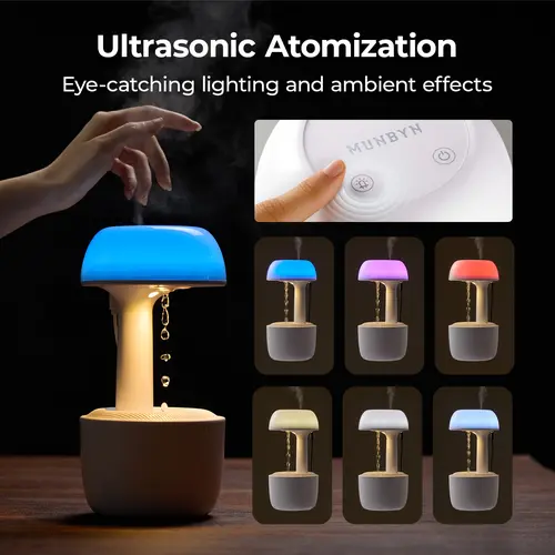 MUNBYN Mushroom Anti-Gravity Cute Desktop Humidifier, Compact Portable Water Drop Model with Multi-Color Night Lights, 8-Hour Battery Life, 38db Quiet Diffuser, Auto-Off Feature Humidifier for Bedroom & Home,sohochic