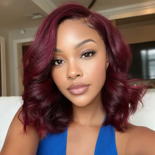 Sunber Black Cherry Short Bob 7x5 Pre Cut Blow Out Lace Wig With Face-Framing Curtain Bangs SpringStatements Summervibes summerwins DealsForYouDays