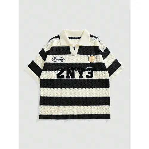 Unisex Knitwear Letter Striped Jacquard Knit Short Sleeve Polo Shirt