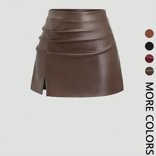 Women's High-Waisted Fitted Mini Short Bottom Skirt, Womenswear PU Leather Basic Chic Vintage Retro Y2K Style Side-Slit Pleated A-Line Skirt for Spring & Fall for Valentine's Day Date & Party