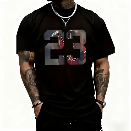 Men's 23 Graphic Printed Cotton Fabric T-Shirt - Casual Short-Sleeve Round Neck, Soft, Foldable, Fashionable, Versatile, Comfortable, Breathable, Machine Washable, All-Season Seamless Smooth Menswear Top