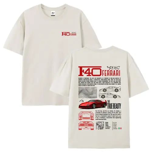 Unisex Oversized Cotton T-Shirt, F40 Supercar Racing Print, Men's Casual Letter Pattern Top,sohochic