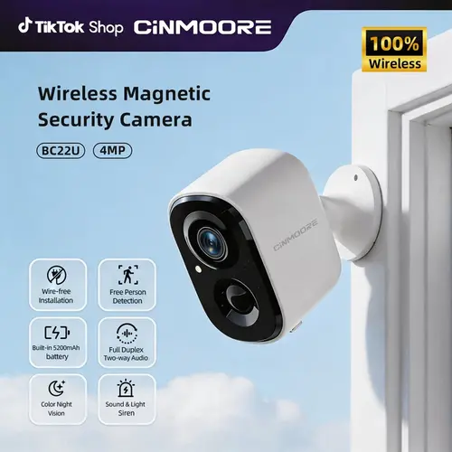 【Big Sales】CINMOORE Wireless Smart Security Camera Indoor/Outdoor/Garage Camera, 2.5K QHD, Rechargeable Magnetic Installation, Color Night Vision, Free Local AI Motion/Person Detection Spotlight & Siren, 2-Way Audio Speaker, cameras for home, Connection,
