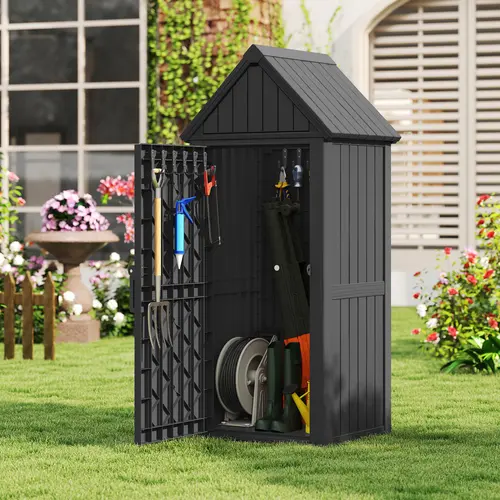 Resin Outdoor Storage Cabinet,Lockable Vertical Garden Tool Storage Shed with Built‑in Hooks & Shelf, Weather‑Resistant Outside Tool Shed for Yard Patio, Black