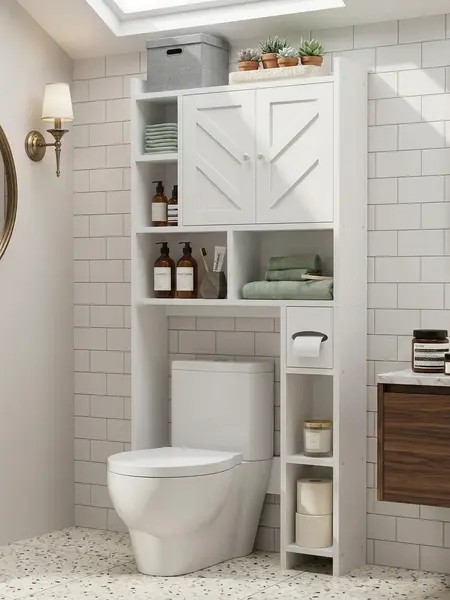 Walsunny Over The Toilet Storage Cabinet, Farmhouse Storage Cabinet with 2 Barn Door & Toilet Paper Holder Stand, Toilet Rack for Bathroom, Laundry Furniture Organizer, White