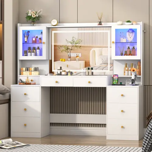 62inch Large Vanity Desk w/ Tempered Glass Top,60000-color LED Lights,Power Outlet, Make up Vanity w/ 3 Lights Mode LED Mirror, Drawers, 2 RGB cabinets LEDs Vanitys Table for Women,Girls