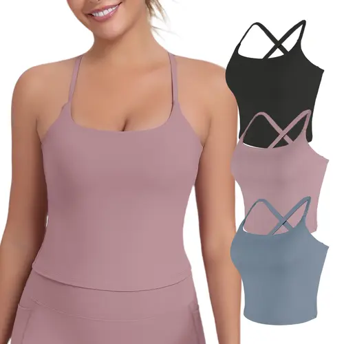 【Free 3-Day Shipping】1/3/5-PACK Adjustable Straps Built-in Bra Tank Top - Cross Back VS Spaghetti Straps & Scoop Neck, Slim Cute Buttery Soft Thicker Fabric Longline Sports Bra with Built-in One-Piece Bra Pads Yoga Fitness Gym Activewear