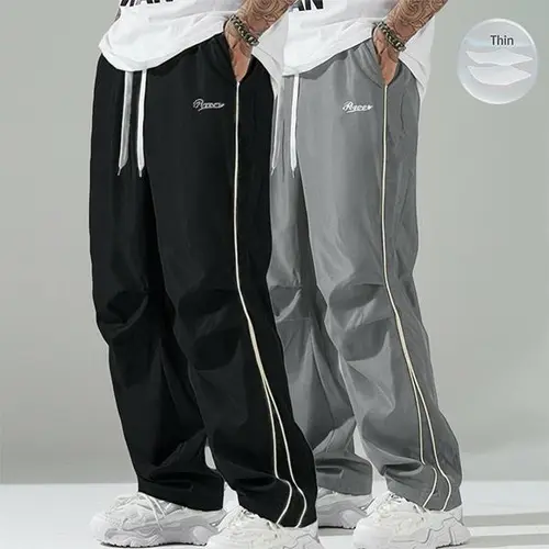 Gray Two piece Set of Lightweight Men's Sports Pants Slim Comfortable with Side Striped Accents Gold Trim Design Stylish Activewear Bottoms for Gym Workouts Double Waistband Sweatpants