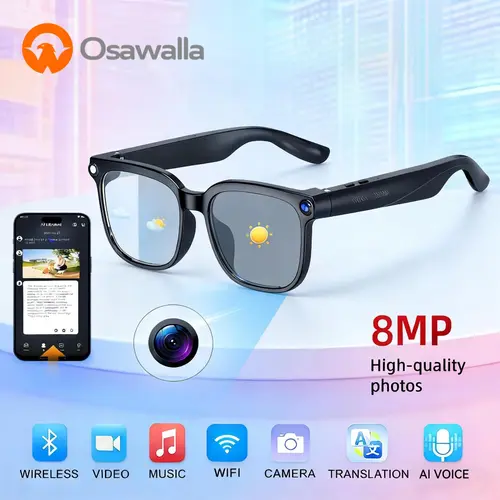 OSAWALLA 2026 New AI Smart Glasses with 8MP Camera,1080P Anti-Shake Video,Real‑Time Language Translation, Open‑Ear Bluetooth Audio Speakers, Hands‑Free Smart Glasses For Hiking, Fishing, Cycling, Outdoor Travel Gifts