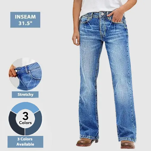 Flamingals Wash Mid Rise Straight Leg Jeans for Women Stretchy Comfort All Seasons Casual Wear Fit Everyday