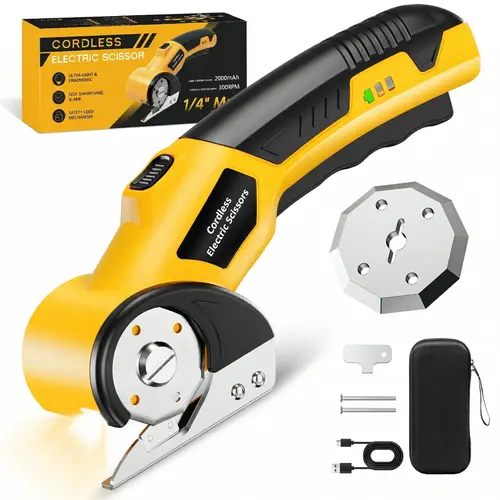 Yellow Cordless Electric Scissors - 4V Upgrade Motor Steel Coated Rechargeable Sewing Tool, Utility Tool with 1 Blade, Safety Lock, LED Light for DIY Crafting, Home Workshop