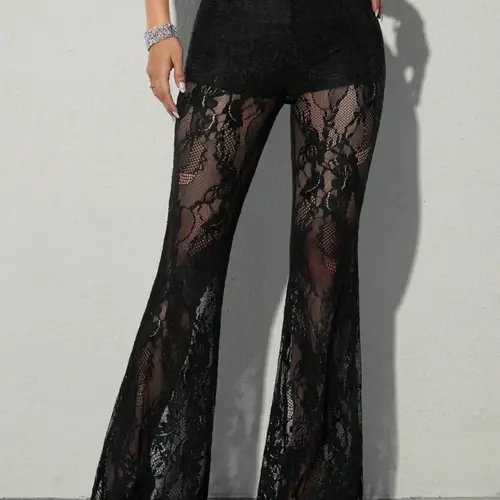 Women's Tight Bodycon Lace Sexy Bell Bottom Pants, Elastic Waist, Floral Pattern, Long/regular Length, Spring & Fall Fashion, Bottoms