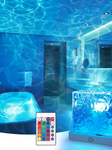 Rechargeable Shower Light No Wiring, 16 Color Changeable Ocean Wave Projector Light, Dimmable Waterproof Shower Lamp with Remote, Rotating Flame Water Ripple Lamp for Shower, Bathroom, Bedroom Decor,sohochic
