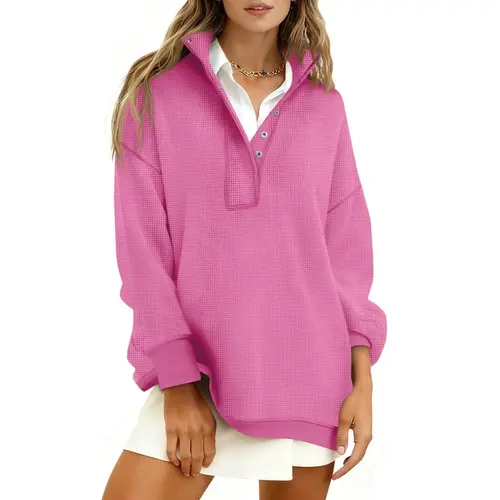 Fisoew Women's Cozy Waffle Knit Loose-Fitting Sweatshirt - Basic Style, Snap Button Stand Collar, Long Sleeve, Machine Wash Comfortable Pullover Top for Fall Travel, Street Outfits, Refer to Product Description