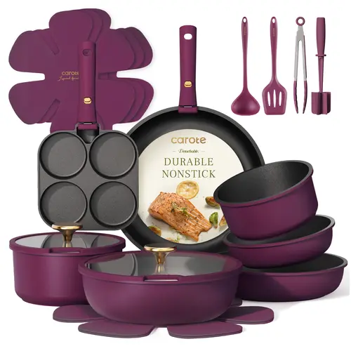 CAROTE Official 21-Piece Nonstick Cookware Set with Detachable Silicone Handles, Induction-Compatible Pots & Pans, Dishwasher Safe, Fry-Friendly Kitchen Supplies, 2 Sets Option for RV Use (Elegant Gold, Purple)
