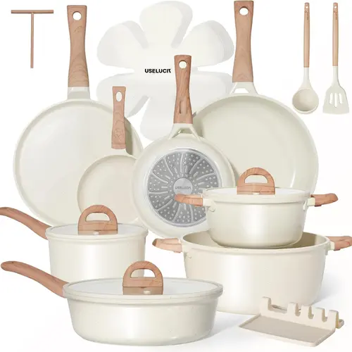 【Limited-Time Sale】USELUCK Pots and Pans Set Non Stick Non-Toxic 22 Pcs Ceramic Cookware Sets Nonstick Kitchen Pot&Pan With Lid Cream White Granite Induction Compatible with Glass Lids Crepe Frying Pan PFOA/PFOS-Free, Cooking Pan Set, Granite Look, Induct