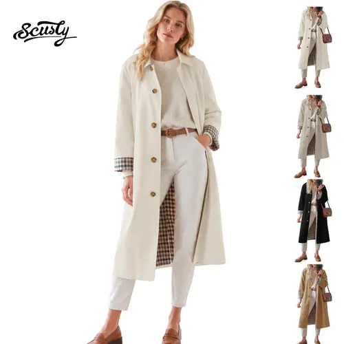 SCUSTY Womens Long Trench Coat Single Breasted Oversized Windproof Overcoat Fashion Mid-Length Trench Coat
