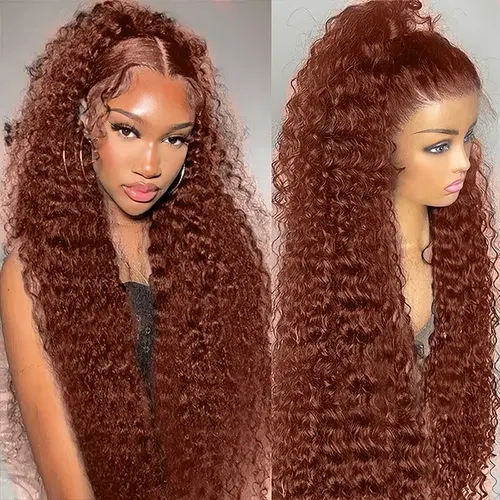 ZLIKE 28 Inches Reddish Brown Deep Wave Wigs Transparent Lace Closure Human Hair 180% density Wigs For Women High-Quality Hair Extensions