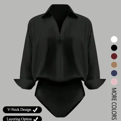 Women's casual loose V-neck long-sleeved shirt Bodysuit, elegant woven fabric, slim fit, suitable for all seasons, and can be layered flexibly, Womenswear