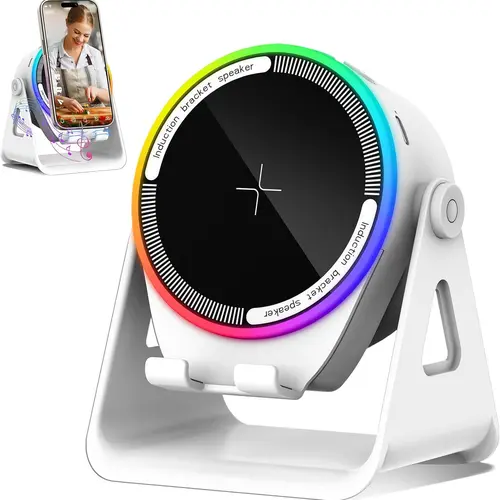 Wireless Induction Bluetooth Audio Speaker - 4-in-1 Smartphone Speaker Bluetooth with RGB Colorful Light, Adjustable Holder, Amplifier, Stand for Phones, Tablets, Devices, Unique Birthday Gift for Teens