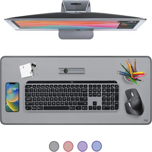 Logitech Studio Series Desk Mat - Large Multifunctional Desk Accessory, Extended Mouse Pad, Anti-slip Base Office Protector, Spill-resistant Durable Mid-Grey Design