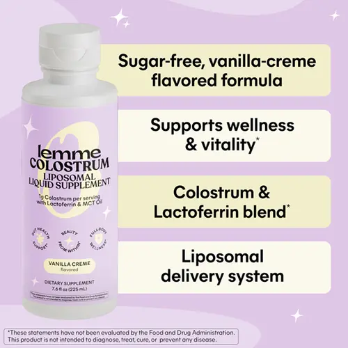 Lemme Colostrum Coffee Creamer for Gut, Skin, Hair & Healthy Aging, Sugar Free Liposomal & Grass Fed 1g Colostrum w/Lactoferrin, MCT Oil, Immunoglobulins, Vanilla Creme Flavored