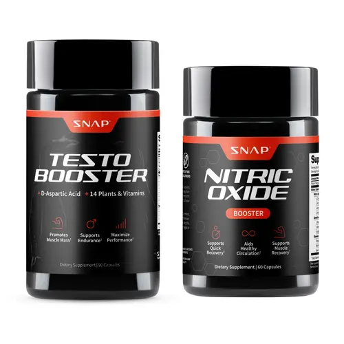 SNAP - Testo Booster + Nitric Oxide Bundle - Supports Men's Testosterone Production - D-Aspartic Acid & 14 Plants - 3rd Party Tested - 90 Count - Boost Blood Flow & Stamina - Muscle Mass & Performance Booster
