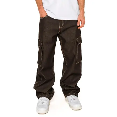 VICTORIOUS Men's Baggy Fit Raw Denim Cargo Jeans - Menswear Mens Clothing Wide Leg Pants, Casual Streetwear, Raw Denim Texture Edge, Secure Zip Fly With Button, Plain Look