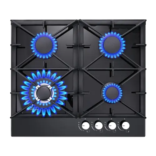 24In Built-In Gas Cooktop, 4-Burner Black Tempered Glass Stove Top, NG/LPG Convertible, Up to 13,600 BTU, Flame-Out Protection, Child Lock, 120V Electric Ignition