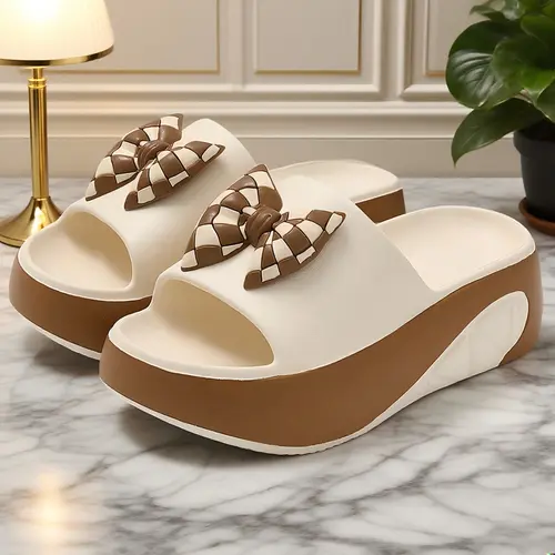 OFIREND Women's Summer Bow Open-Toe Slip-On Flat Sandals - Thick Cushioned EVA Sole, Breathable Fabric Upper, Lightweight Non-Slip Footwear with Cushioning, Walking Shoes for Beach, Casual Outings,sohochic