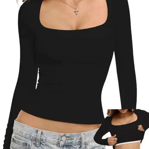 Danysu Double Lined Long Sleeve Tops with Built in Bra for Women Square Neck Nylon Basic Fitted Fall Shirts 2025 campingessentials Black Casual