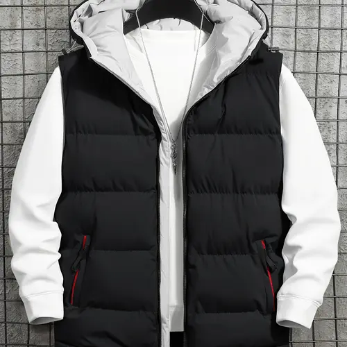 Men’s hooded sleeveless vest jacket for winter, featuring large pockets, a front zipper, and a slim, fitted casual design. Polyester fabric is machine washable and suitable for outdoor activities and everyday wear.