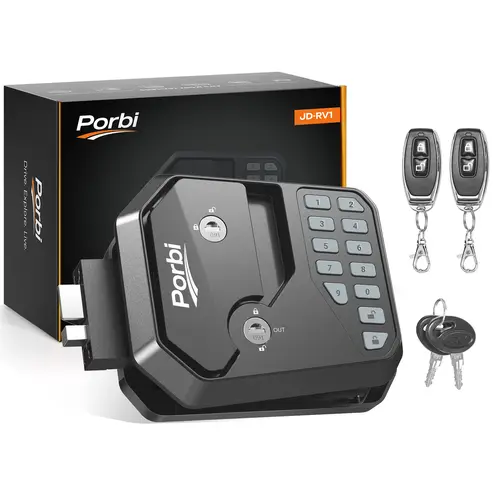 Porbi RV-Ready Lock Replacement Door Hardware - 12-Digit Keypad, Dual-Door Remote Control, Backup Remote Keys, Durable Waterproof Locking System for Secure Travel Burglary Protection JD-RV1