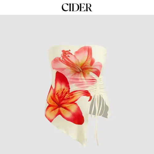 Floral Graphic Bandeau Top, Drawstring, Asymmetric Hem, Tube Style, Curvy and Plus Size Fit