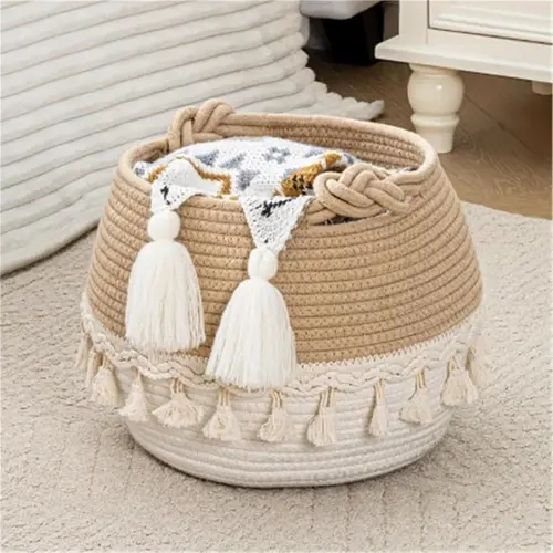 Round Laundry Basket with Handle, woven cotton rope, Toy Storage Blanket Hamper, Space-saving, for Living Room Rugs, Cushions, Pillows Organizer, 20L