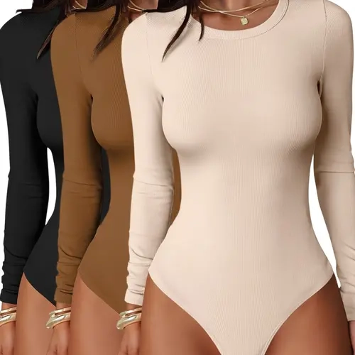 Women's Fall Winter Elegant Comfortable Round Neck Ribbed Long Sleeve Slim Bodysuit Set, Knitted Bodysuits, 3 Piece Tight Fit One-Piece Top, Body Sculpting Garment
