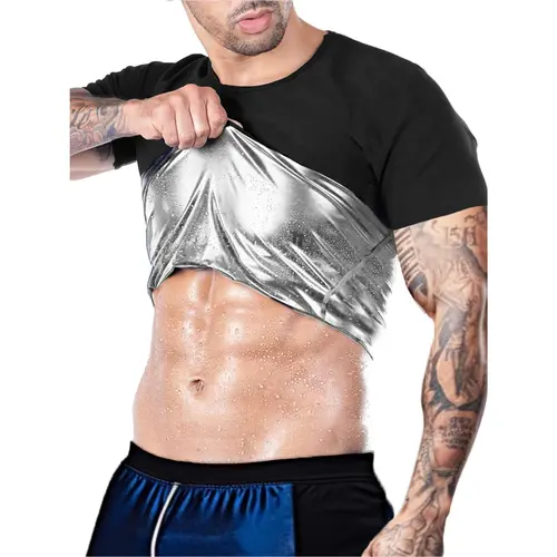 OLLAS Men's Sweat Sauna Suit Shirt - Sweat Absorbent Compression Vest with Waistline, Quick-Dry Workout Top for Gym, Training & Casual Wear - All-Season Body Shaper Jacket in Black & Golden, Sleek Modern Design, Durable Sportswear, Sweat-Resistant Fabric,