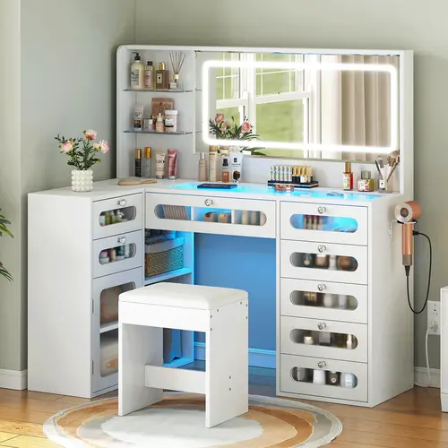CollaredEagle Vanity Desk Set L Makeup Vanity with Mirror and Lights Large Dressing Table Tempered Glass Drawers Open Storage Shelves White Dorm Home Use