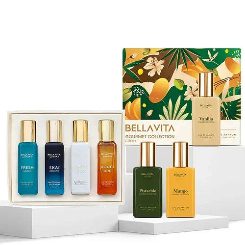 Sweet & Skin Splash by BellaVita Luxury | Perfume Combo Gift Set | Gourmand 3×20 ml + Unisex Gift Set 4×20 ml | Vanilla, Mango, Pistachio, Skai, Fresh, White Oud & Honey Oud | Long Lasting Eau De Parfum | Vegan & Cruelty Free